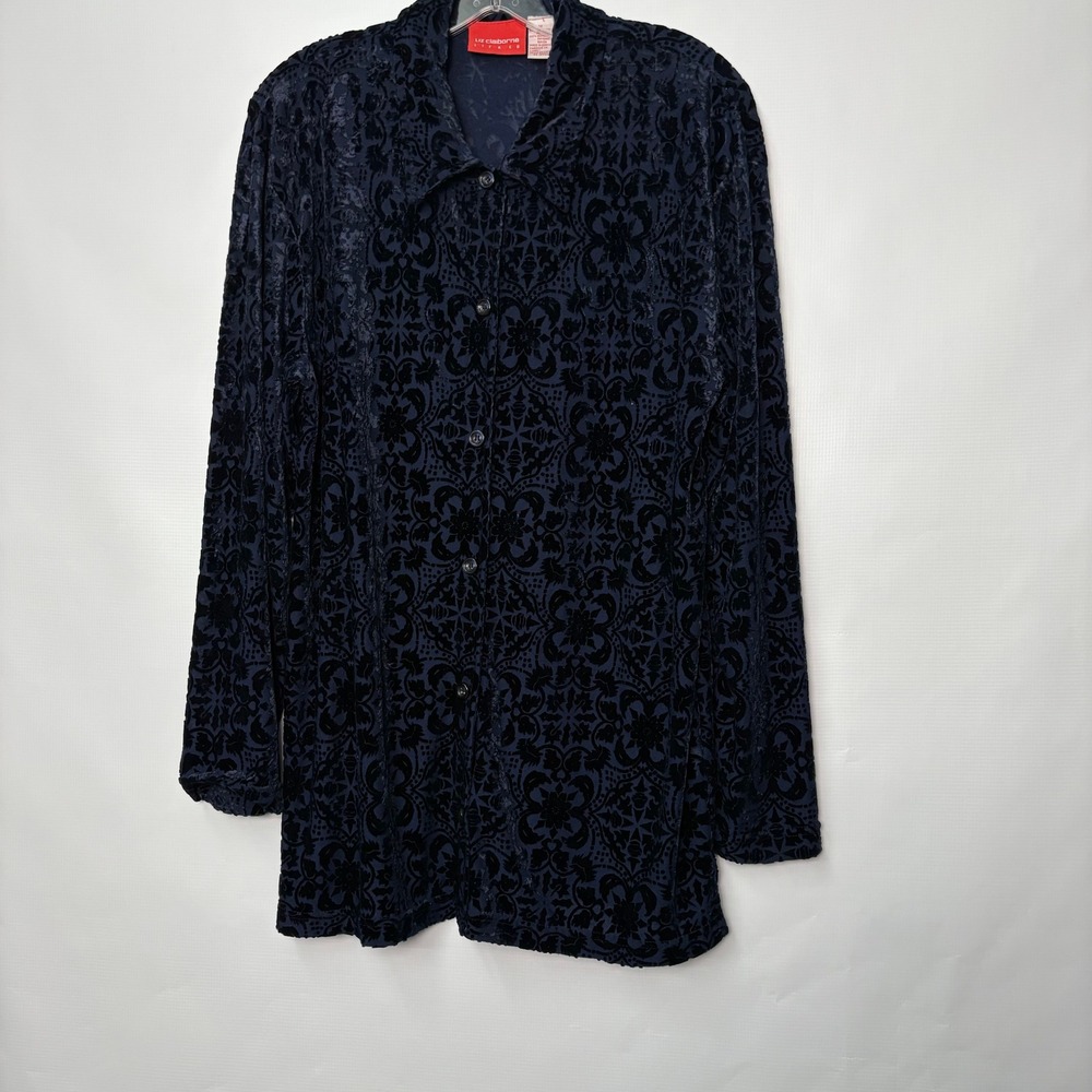 Liz Claiborne Vtg Navy Devore Velvet Burnout Damask Button Shirt Tunic Womens M